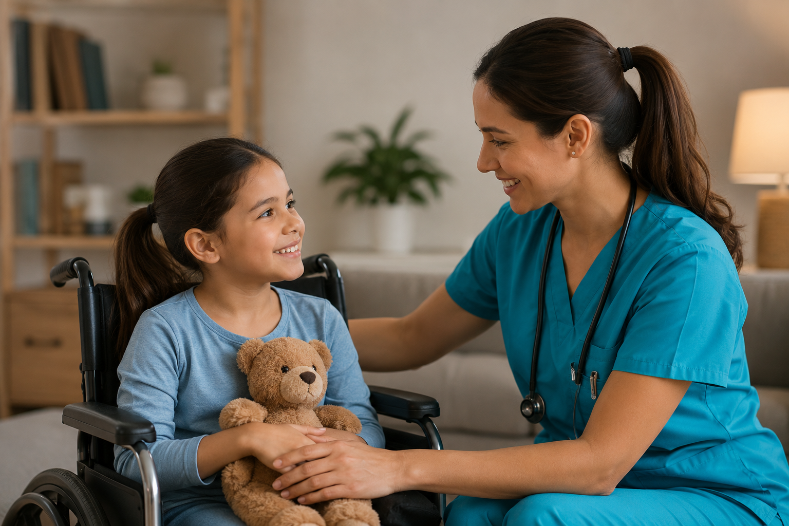 Pediatric healthcare professional supporting a child at home